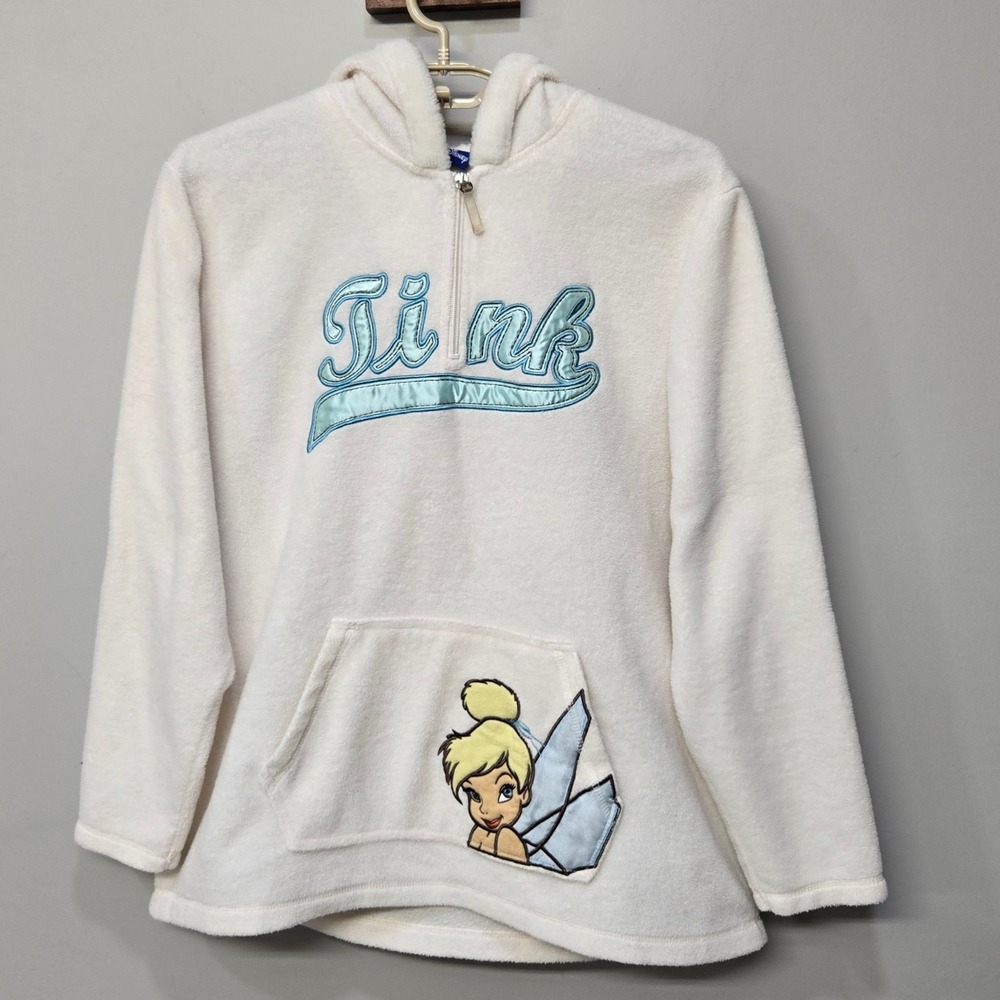 Vintage Y2K Disney Tinker Bell Fleece Hoodie XL White Half Zip Embroidered Cozy